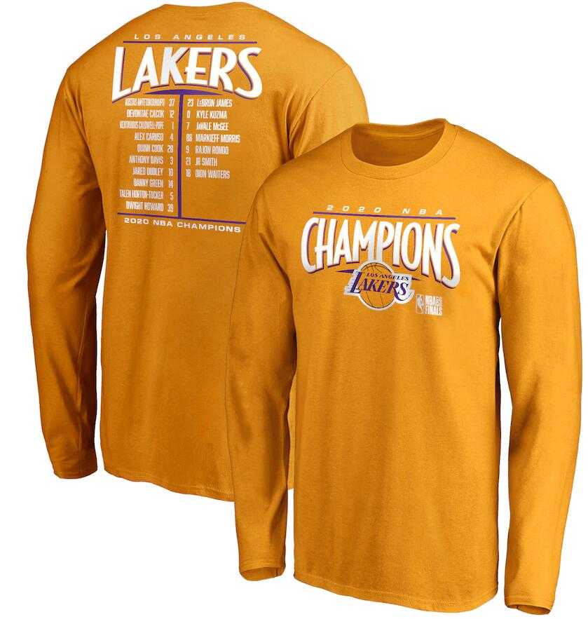 Men's Los Angeles Lakers Gold 2020 NBA Finals Champions Streaking Dunk Roster Long Sleeve T-Shirt,We sell and wholesale Men's Los Angeles Lakers Gold 2020 NBA Finals Champions Streaking Dunk Roster Long Sleeve T-Shirt on line form chian!